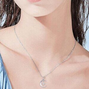 Sisgem 14k Gold Moon Necklace with chain Real Gold Moon and North Star Pendant